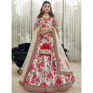 Off-White Floral Impreso Arte Seda Desgaste de la boda Lehenga Choli - Product Image 6