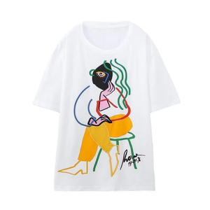 Women's Short Sleeve T-Shirt Hand-Painted Abstract <b>Art</b> O-Neck Loose Fit Casual Knitted Top 100% Cotton Breathable All Season - Product Image 1