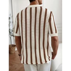 Pull tricoté décontracté à rayures pour homme, col polo, manches courtes, ajouré, avec logo personnalisé OEM - Product Image 3