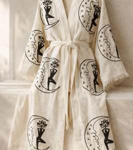 Robe longue de plage pour femme, style ethnique bohème, imprimée à la main, kimono de plage ouvert sur le devant, cache-maillot de bain graphique - Product Image 3