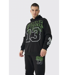 Ensemble de survêtement noir à capuche pour homme avec imprimé numéro 13 vert, sweat-shirt et pantalon streetwear coupe droite longueur intégrale, idéal pour l'automne - Product Image 5