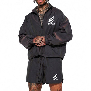 <b>Men's</b> Black 2-Piece Nylon Solid Windbreaker <b>Jacket</b> Shorts Set Drawstring Stand Collar-<b>Summer</b> Athletic Sportswear 2025 EKIN Logo - Product Image 3