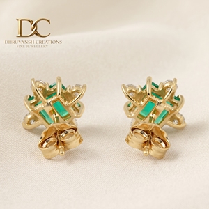IGI Certified 14KT Solid Yellow Gold Lab Grown Diamond and Colombian <b>Emerald</b> <b>Stud</b> <b>Earring</b> Square Cut Designer Jewelry for Women - Product Image 5
