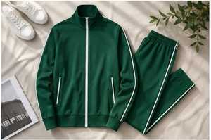 Unisex Green <b>Tracksuit</b> Set Full Sleeve Zipper Stand Collar Solid Color Breathable Polyester Autumn Casual Wear With Side Pockets - Product Image 6