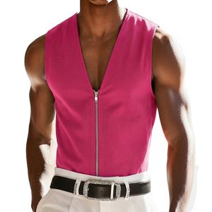 Débardeurs pour hommes, style streetwear, col en V, sans manches, fermeture éclair, vêtements décontractés élégants, vente en gros OEM, étiquette personnalisée, possibilité d'ajouter un logo. - Product Image 1
