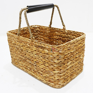 <b>Rectangular</b> Water Hyacinth Rustic <b>Storage</b> <b>Basket</b> with Black Handles Handcrafted Eco-Friendly for Laundry Room Organization - Product Image 2