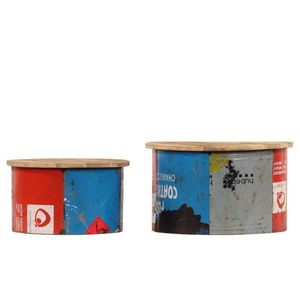 Juego de 2 mesas de centro de madera maciza de mango multicolor con lámina de estaño antiguo, serie de mesas multicolor únicas - Product Image 3