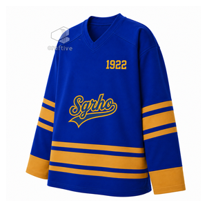 เสื้อฮอกกี้น้ำแข็ง Sigma Gamma Rho Sorority สีน้ำเงินทอง ผ้าตาข่ายโพลีเอสเตอร์ ระบายความชื้น เสื้อทีมกีฬาสำหรับการแสดงของทีม - Product Image 2