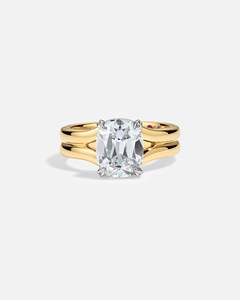 Bague solitaire en or 14 carats à double bande avec diamant de laboratoire taille coussin longue, bijoux fins certifiés IGI, bague de mariage de luxe unisexe - Product Image 1