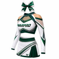 Ensemble d'uniformes de cheerleading WARPRO vert et blanc avec strass, impression par sublimation, haut court à manches longues et jupe pour femmes adultes