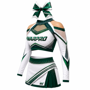 ชุดยูนิฟอร์มเชียร์ลีดเดอร์ WARPRO สีเขียวขาว ประดับคริสตัล พิมพ์ลายแบบซับลิเมชั่น เสื้อครอปแขนยาว กระโปรง สำหรับผู้ใหญ่ ผู้หญิง - Product Image 1
