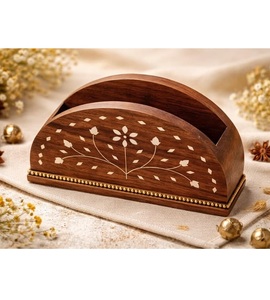 Handcrafted Wooden Napkin <b>Holder</b> Floral Inlay Pattern Decorative <b>Tissue</b> Organizer Tabletop Dining <b>Kitchen</b> Display Stand - Product Image 1