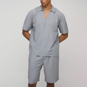Ensemble chemise et short en coton tricoté gris clair pour hommes, tenue de pyjama décontractée d'été respirante de couleur unie - Product Image 5