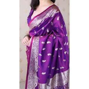 ผ้าไหมบานาราสีสีม่วงเนื้อนุ่ม ยี่ห้ออีลิท วีฟส์  ตกแต่งด้วยดิ้นเงิน  งานทอประณีต  ชุดอินเดีย-ปากีสถาน  น้ำหนัก 650 กรัม แห้งเร็ว ป้องกันแสงแดด - Product Image 3
