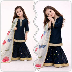 Ensemble Sharara en soie GMY ethnique élégant pour filles, haut entièrement cousu avec dupatta, imprimé numérique, bordure en dentelle d'organza, traditionnel pour enfants - Product Image 4