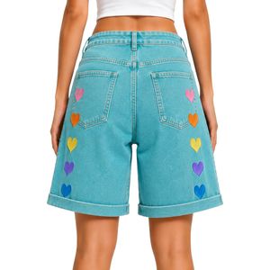 Shorts en jean pour femme, taille haute, coupe ample, ourlet retroussé, en coton, brodés cœur arc-en-ciel bleu aqua, style décontracté, mode été - Product Image 2