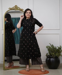 ชุดเสื้อและกางเกงผ้าเรยอนลายฟอยล์แบบใหม่ สำหรับใส่ทุกวัน ราคาขายส่ง เสื้อผ้าชาติพันธุ์ สีดำ - Product Image 1