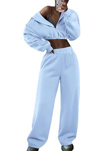 Women's Winter Custom 2-Piece Set Solid Color Fleece <b>Crop</b> Top Hoodie <b>Zip</b>-<b>up</b> Long Sleeve Printing Logo Sweatshirts - Product Image 3