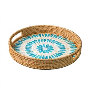 Wholesale Handmade <b>Round</b> Rattan Serving Tray With Mother Of Pearl Inlay <b>Wicker</b> Decorative Coffee Table <b>Basket</b> For Home Decor - Product Image 1