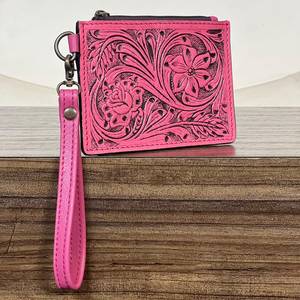 Trending Pink Tooled Floral Leather Slim Card <b>Holder</b> Wallet High Quality Genuine Leather Zipper Closure Wristlet Coin Pouch - Product Image 2