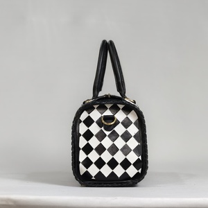 Luxury <b>Leather</b> Duffel Bag Checkerboard Pattern Cowhide Heart Panel Zipper Closure Travel Handbag - Product Image 3