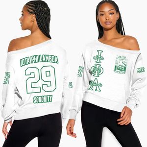 Sudadera Personalizada Iota Phi Lambda con Hombros Descubiertos, Color Blanco y Verde Esmeralda, Sudadera de la Hermandad Iota Phi Lambda - Product Image 4