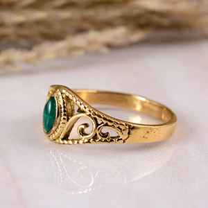 Antique Gold Brass Green Malachite 14K Gold Plated Bezel Setting Intricate Leaf Motif Textured Marquise Artisanal Botanical - Product Image 3