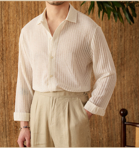 เสื้อเชิ้ตผู้ชายทรงหลวม ผ้าฝ้าย 100% สีขาว แขนยาว สไตล์ลำลอง ระบายอากาศได้ดี ปกคอพับได้ สีพื้น ผ้าป๊อปลิน ติดกระดุมแถวเดียว เหมาะสำหรับฤดูร้อน - Product Image 2