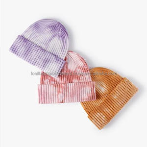 Bonnet unisexe en acrylique, motif tie-dye dégradé, bonnet d'hiver décontracté, 56-58 cm, bonnet tricoté pour adulte, violet, rose, orange - Product Image 1