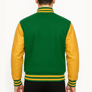 Veste universitaire pour homme en vert et jaune avec manches en cuir PU, couleur unie, fermeture à boutons, style décontracté, coupe classique, pour l'automne - Product Image 3