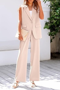 Women's Sleeveless <b>Blazer</b> <b>Set</b> Loose Fit Wide Leg Pants Two Piece Suit Casual Spring Summer Solid Color Woven Fabric - Product Image 3