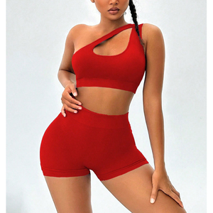 Women's High One Shoulder Sports Bra Yoga Shorts 2-Piece Set Mid <b>Belt</b> Front Logo Quick Dry Breathable Eco-Friendly Plus Size - Product Image 4