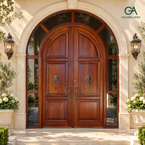 Porte d'entrée double en bois massif cintrée de luxe avec panneaux latéraux et transom en verre pour villas personnalisées GA-39S - Product Image 5