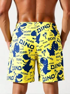 Pantalones Cortos de Playa para Hombre, Color Amarillo, Verano, Bonitos, para Vacaciones, Cintura Elástica con Cordón, Estampado de Dinosaurios, Estilo Hawaiano - Product Image 2