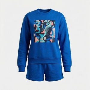 Ensemble de survêtement en tricot bleu pour femmes, 2 pièces, avec imprimé abstrait, col rond, coupe ample décontractée, à porter toute l'année - Product Image 1