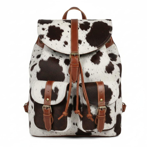 Premium Hair on Hide Style <b>Backpack</b> Women <b>Black</b> White Spotted Design Multi Pocket <b>Leather</b> Rucksack Wholesale - Product Image 1