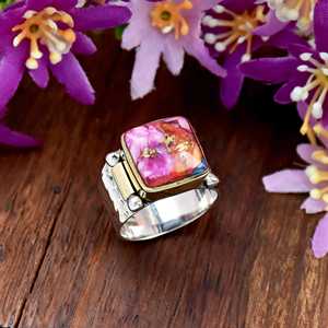 925 Sterling Silver Square Shape Pink Oyster <b>Turquoise</b> <b>Ring</b> Handmade Hammered Statement <b>Ring</b> Boho Chic Fine Jewelry for Women - Product Image 6