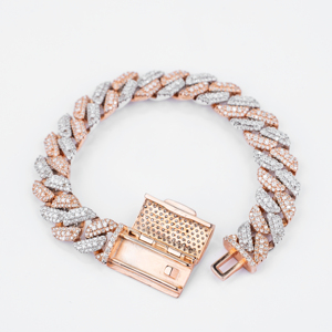 Regal Rose Gold & <b>Silver</b> Diamond Studded Cuban Link <b>Bracelet</b> with Premium Iced Out Finish for Elegant Fashion Jewelry Design 3D - Product Image 1