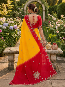 "Wholesale Indian Yellow <b>Red</b> Tie Dye Silk Organza <b>Saree</b> Hand Embroidered Bridal Wedding Wear Sari Partywear Women Clothing" - Product Image 4