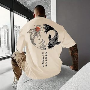 Men's Plus Size T-<b>Shirt</b> With Koi <b>Fish</b> Print Back Design Casual Short Sleeve O-Neck 100% Cotton Jersey Fabric - Product Image 1