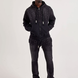 Vente en gros de sweats à capuche pour hommes personnalisés, épais, à fermeture éclair, avec patch brodé, impression sérigraphique, LOGO, strass et effet délavé à l'acide - Product Image 3