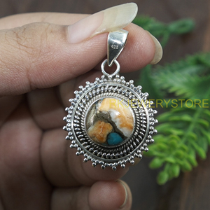 925 Sterling Silver Orange Copper Turquoise Pendant Round Vintage Boho Handmade Statement Jewelry Gift for Women <b>Girlfriend</b> her - Product Image 5
