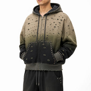 Sudadera con capucha y cremallera para hombre, corte regular, teñido degradado, letras frontales con corte, algodón tejido ecológico, ropa de invierno, servicio OEM - Product Image 3