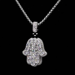 <b>Hamsa</b> Hand Pendant 925 Silver Moissanite Micro Pave Rhodium Plated Luxury Unisex Everyday Wear - Product Image 4