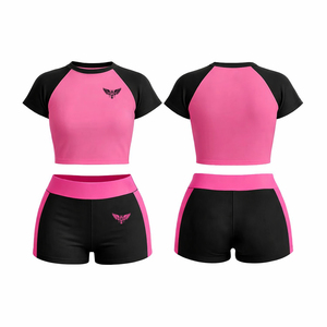 Conjunto Deportivo de 2 Piezas para Mujer, Top Corto y Pantalones Cortos, Manga Corta Raglán, Cintura Alta, Estilo Deportivo y Casual - Product Image 4
