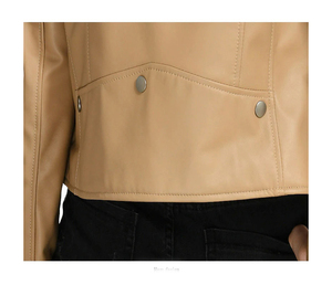 Chaqueta de Motociclista de Cuero PU Color Bronceado para Mujer, con Cierre de Cremallera, Cuello Camisero, Manga Larga, Estilo Otoñal - Product Image 4