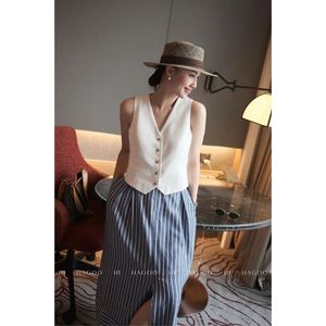 A8167 Gilet asymétrique sans manches pour femme, col en V, boutonné sur le devant, décontracté, pièce de superposition estivale - Product Image 4