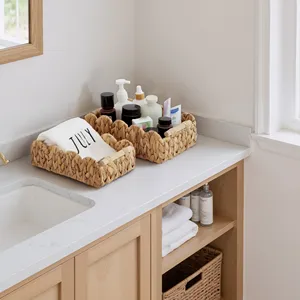 Wholesale Handwoven Water Hyacinth Storage <b>Basket</b> with Handles Decorative Woven Organizer <b>Tray</b> for Kitchen Bathroom & Home - Product Image 6