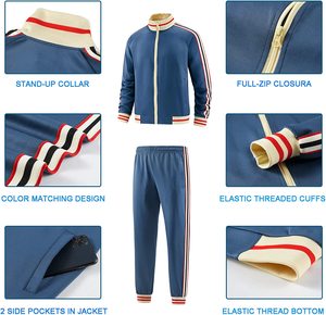 2026 Unisex Blue Tracksuit Full <b>Zip</b> Stand Collar Striped Side Pockets Polyester Regular Fit Autumn Sporty Style Adult Wear - Product Image 5