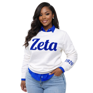 Sudadera de chenilla blanca Zeta Phi Beta 1920 para mujer, jersey con letras griegas Zeta, bordado azul, ropa informal - Product Image 1